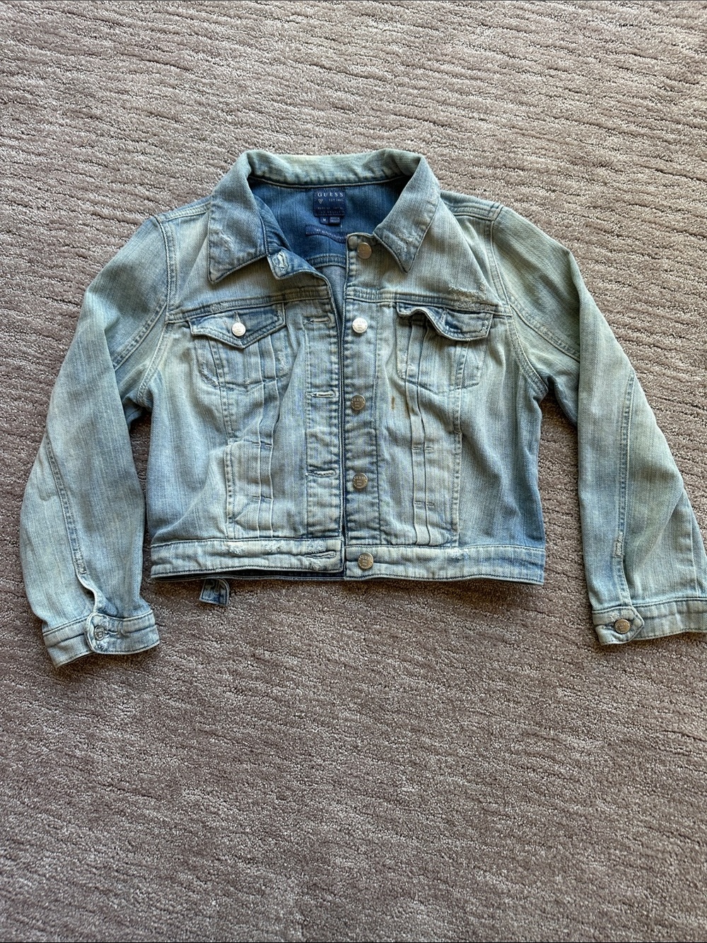 Guess Women’s Faded Light Blue-distressed Denim Jacket